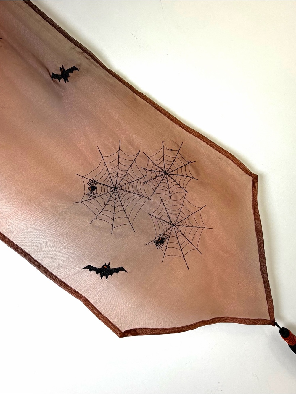 Halloween Spider Web Bat Table Runner Embroidered Organza Beaded Tassels